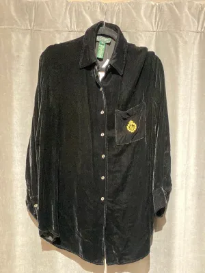 LAUREN Black Velvet Button Down Collared Shirtn with Gold Crest
