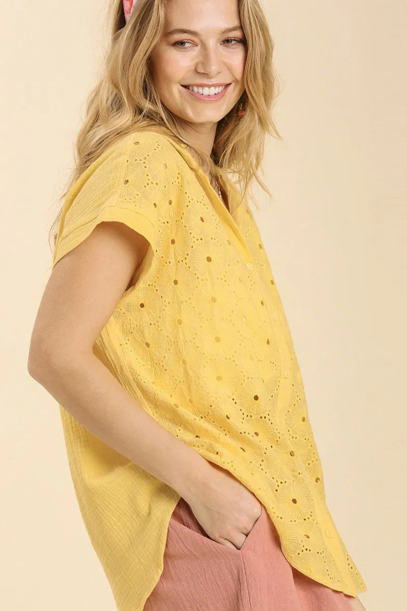 Lemon Eyelet Button Down Short Sleeve Top