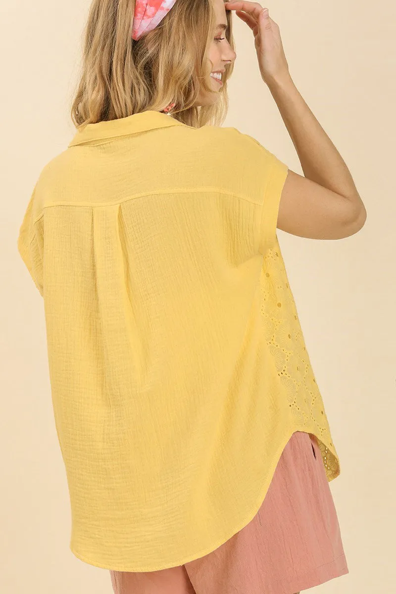 Lemon Eyelet Button Down Short Sleeve Top