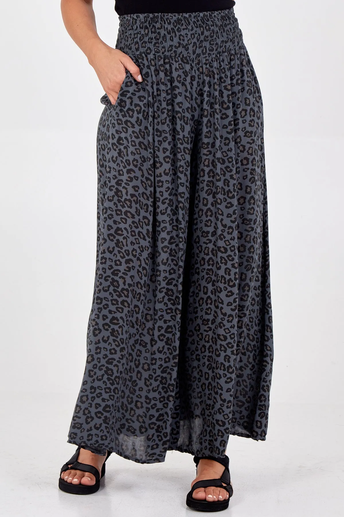 Leopard Print Ruched Waist Wide Leg Trousers
