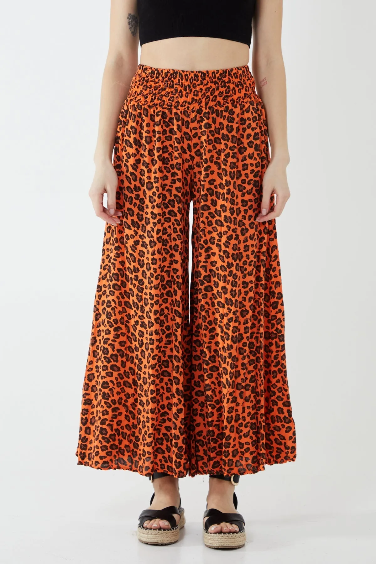 Leopard Print Ruched Waist Wide Leg Trousers