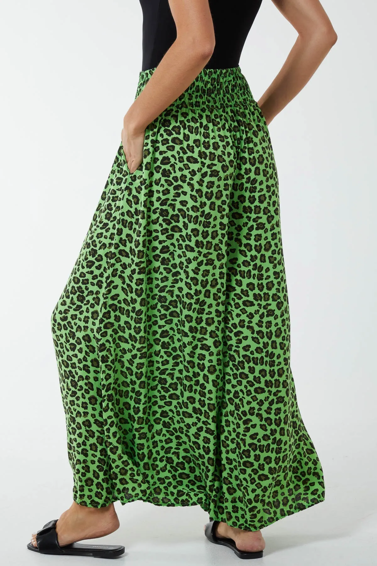 Leopard Print Ruched Waist Wide Leg Trousers