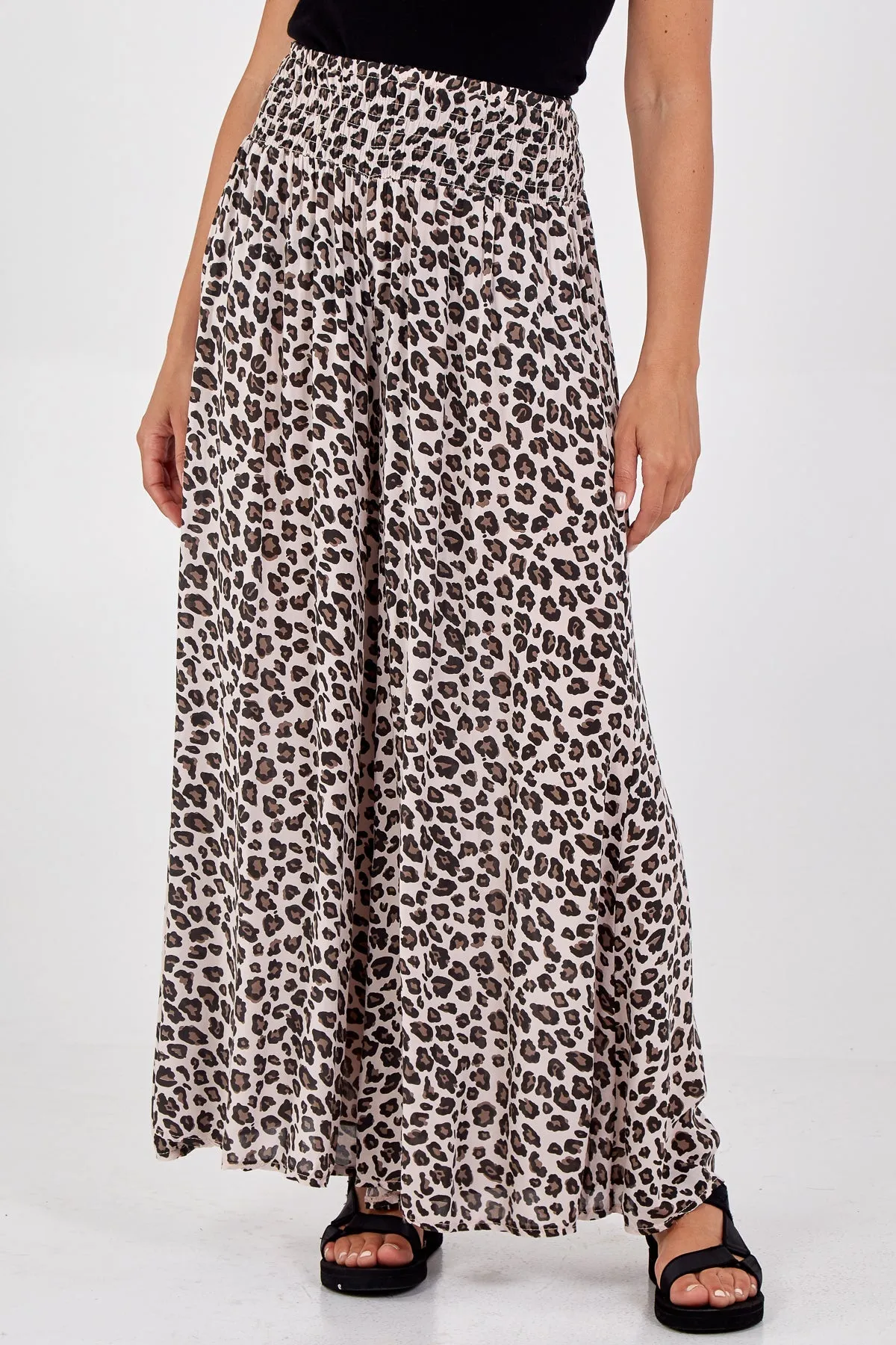 Leopard Print Ruched Waist Wide Leg Trousers