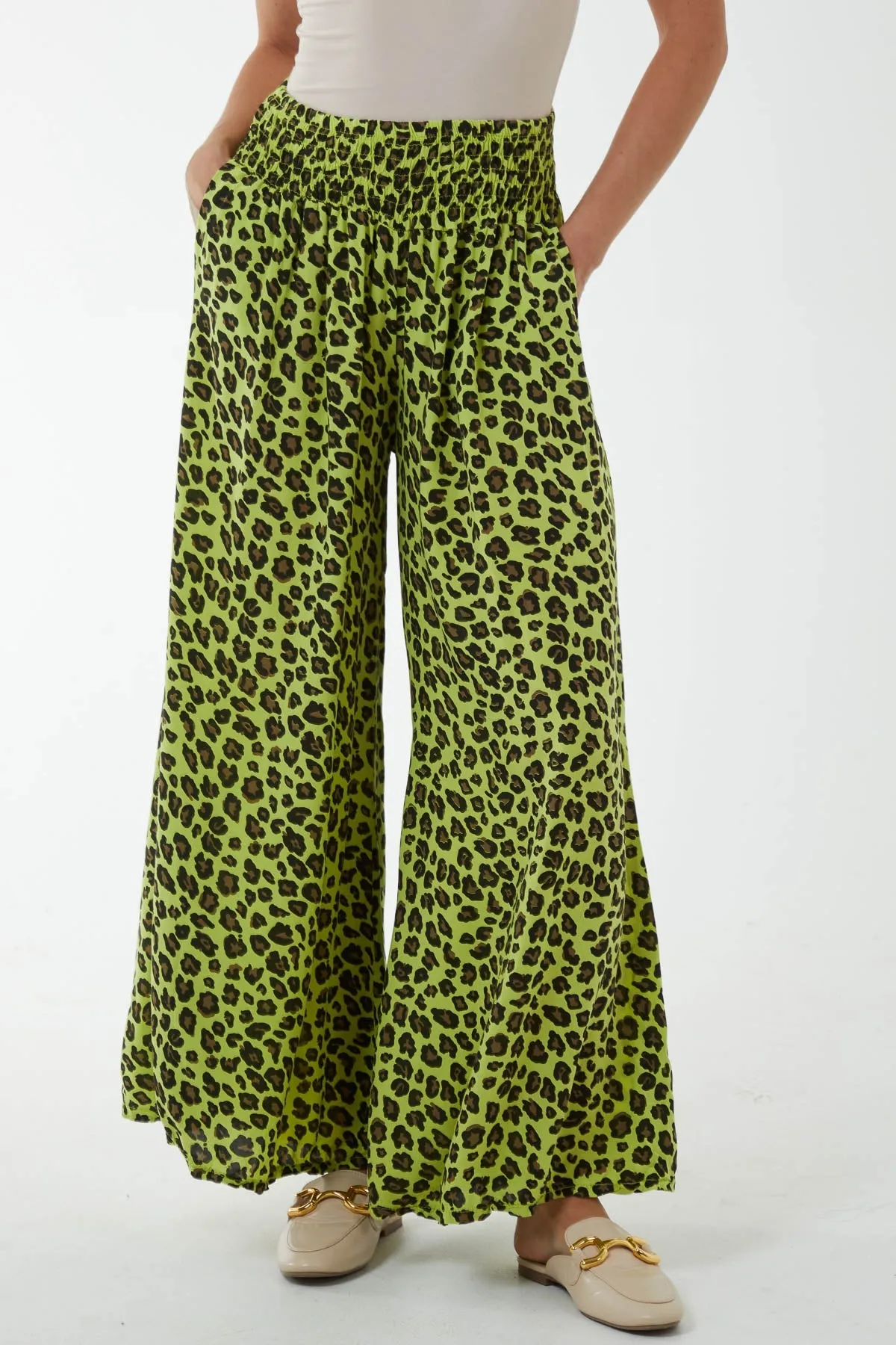 Leopard Print Ruched Waist Wide Leg Trousers