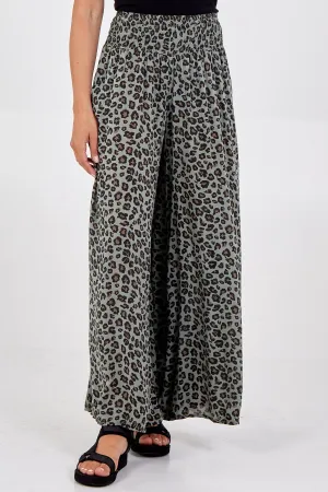 Leopard Print Ruched Waist Wide Leg Trousers