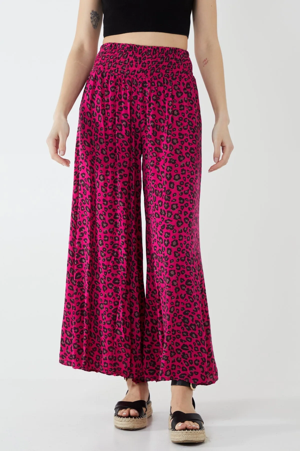 Leopard Print Ruched Waist Wide Leg Trousers