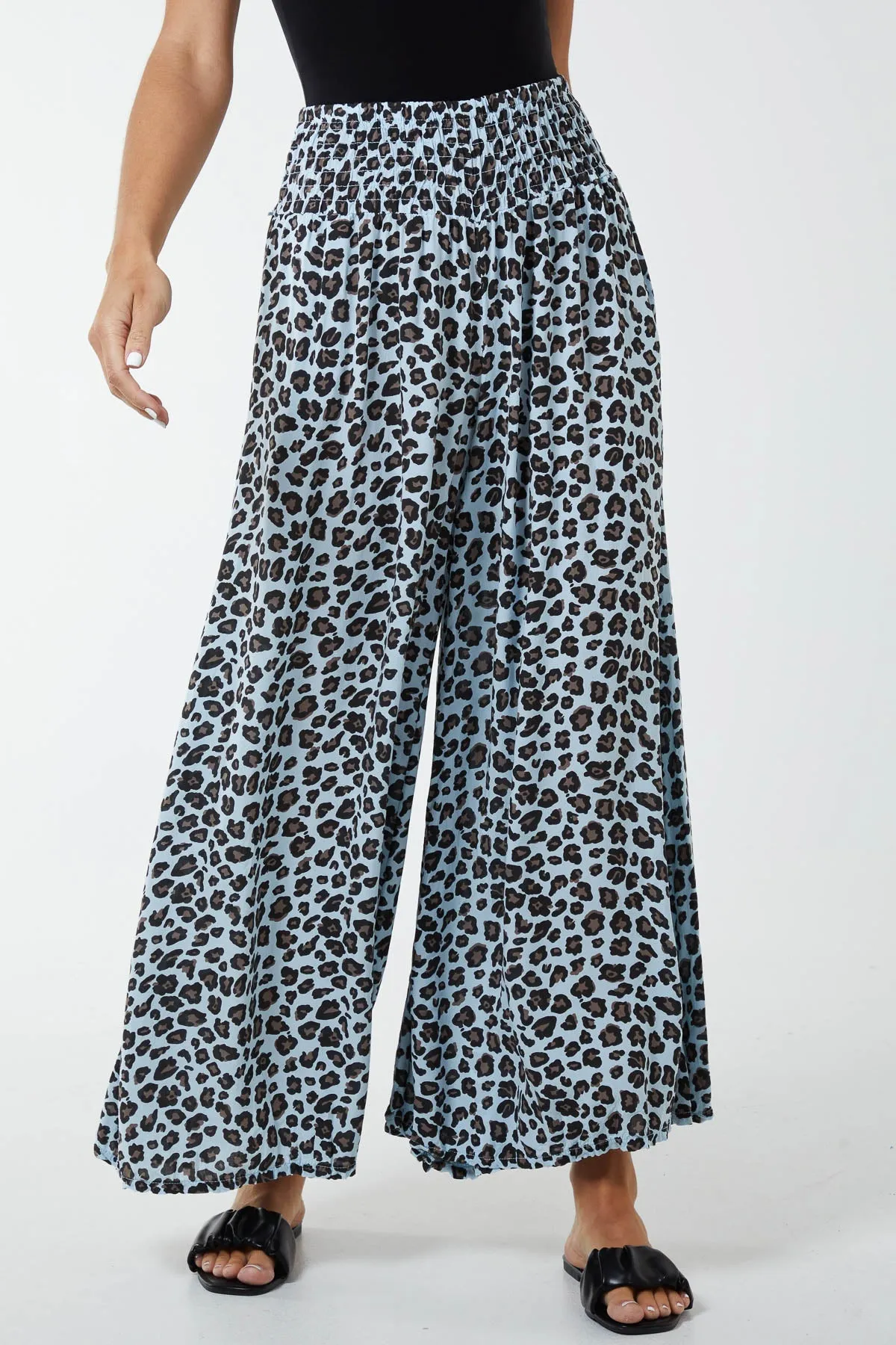 Leopard Print Ruched Waist Wide Leg Trousers