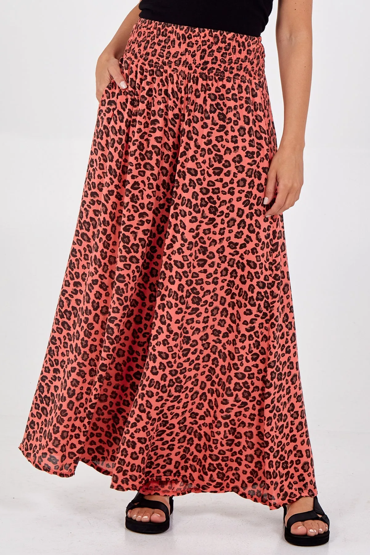 Leopard Print Ruched Waist Wide Leg Trousers
