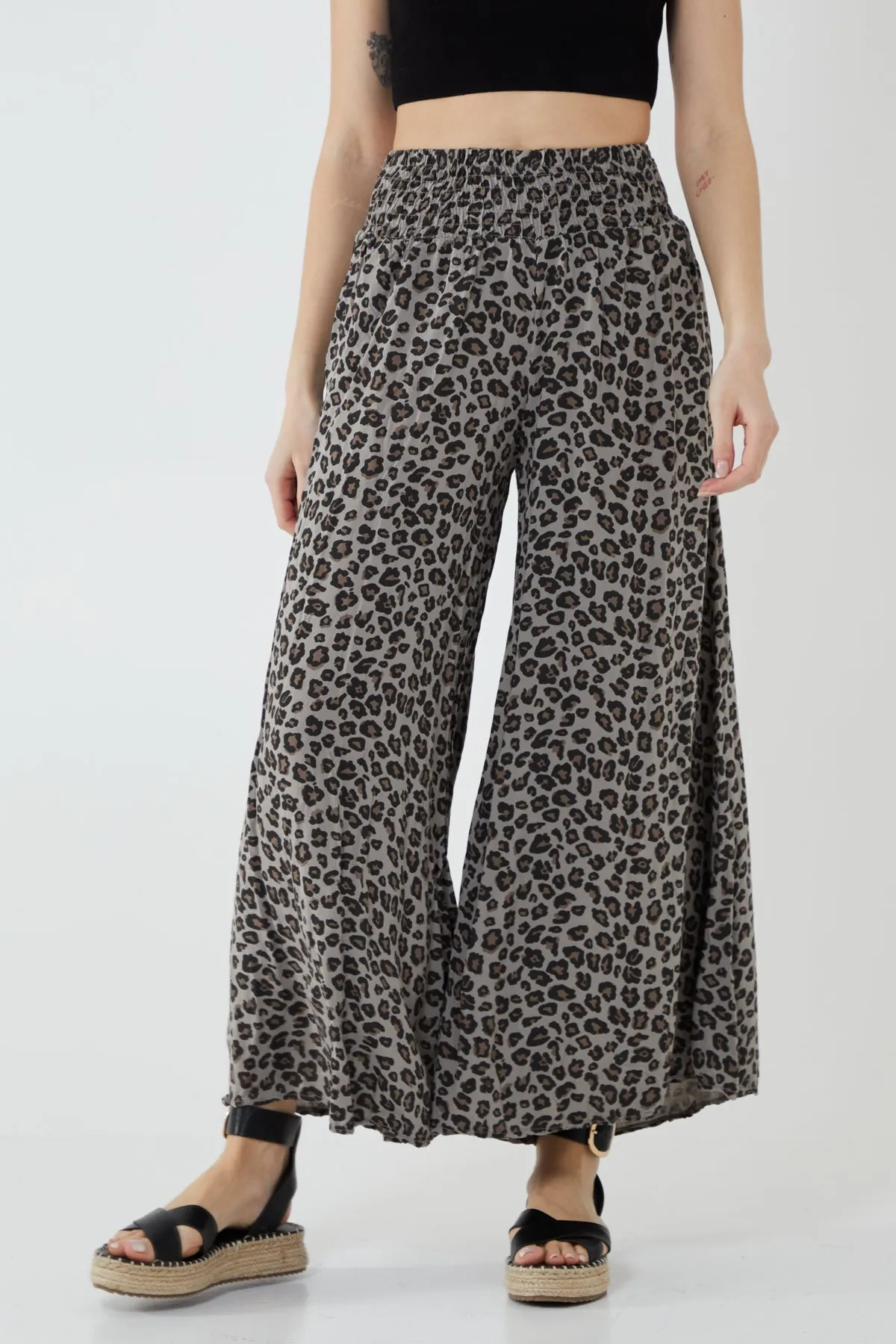 Leopard Print Ruched Waist Wide Leg Trousers