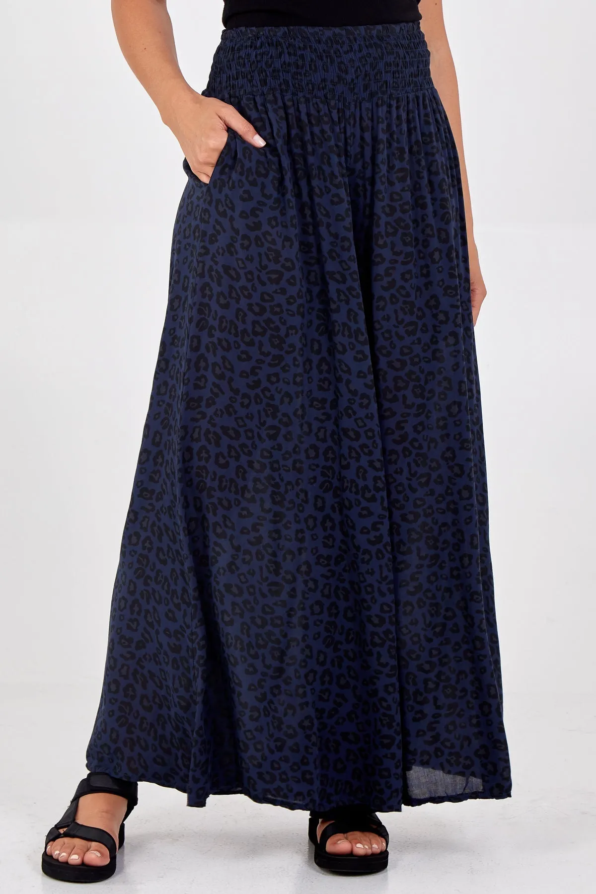 Leopard Print Ruched Waist Wide Leg Trousers