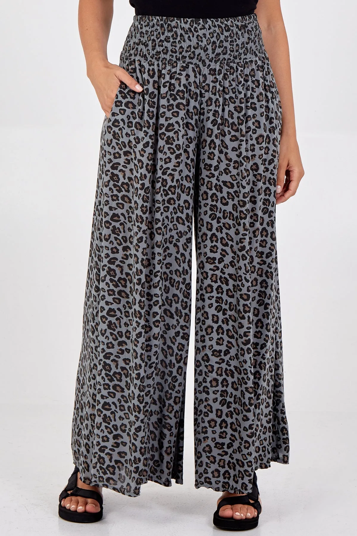 Leopard Print Ruched Waist Wide Leg Trousers