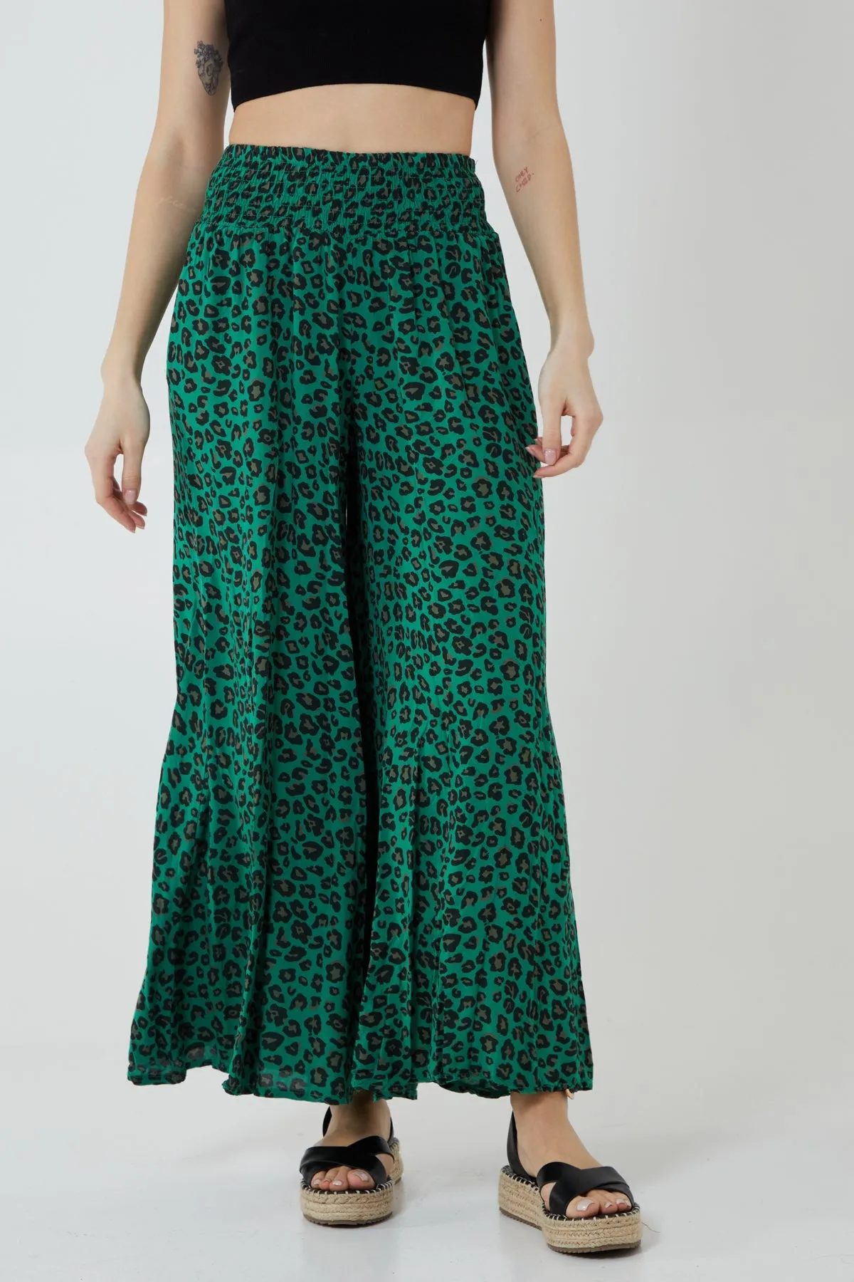 Leopard Print Ruched Waist Wide Leg Trousers