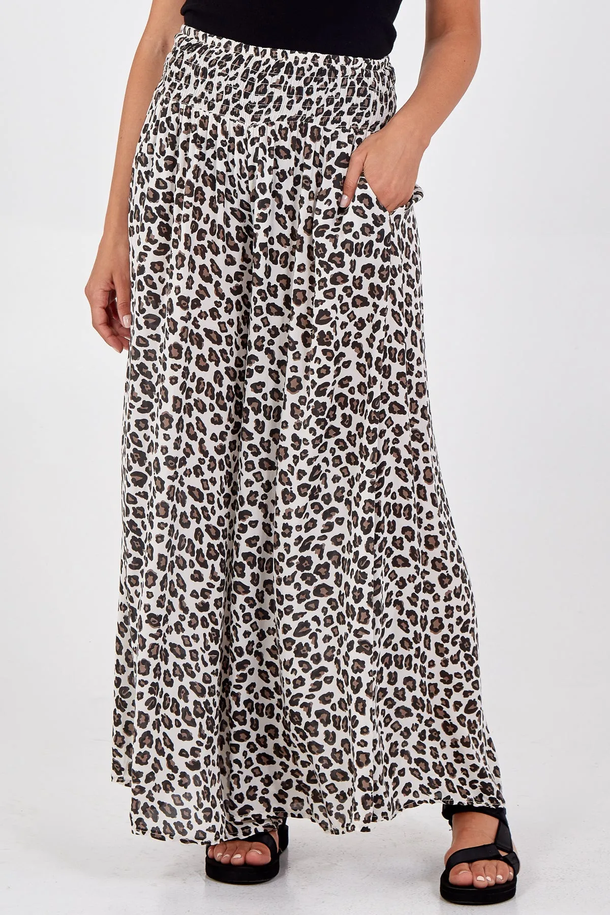 Leopard Print Ruched Waist Wide Leg Trousers