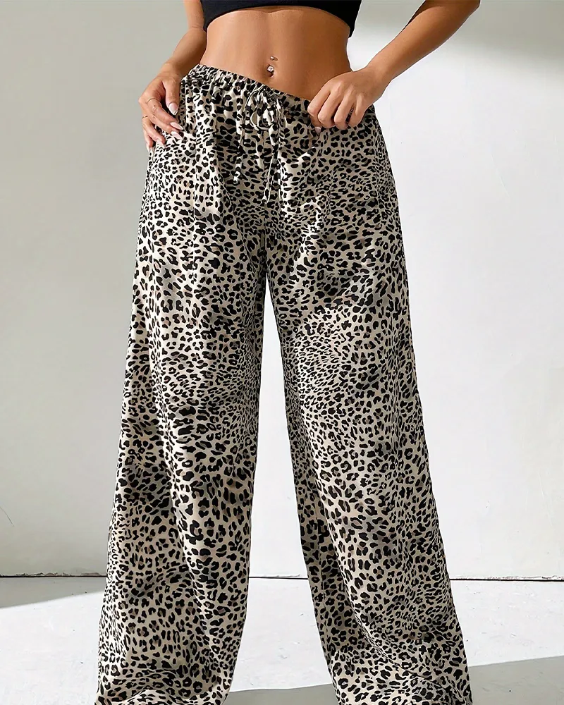 Leopard Print Straight Draped Trousers