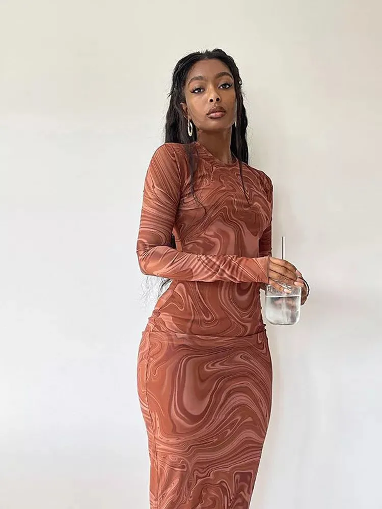 Long Sleeve Bodycon Dresses For Women Evening Party Clothes O-neck Mid Calf Sexy