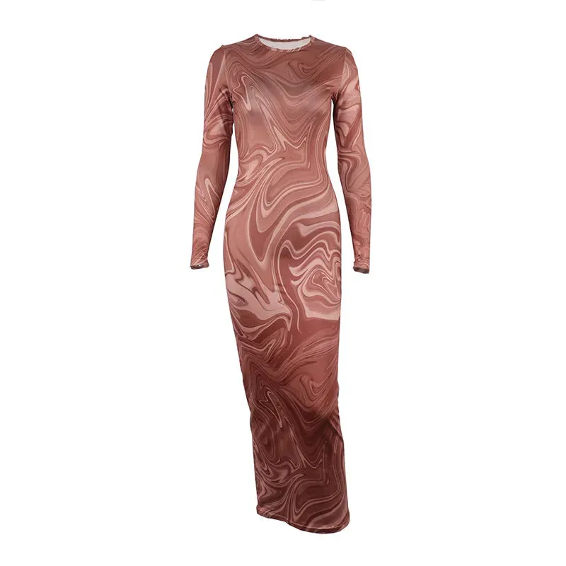 Long Sleeve Bodycon Dresses For Women Evening Party Clothes O-neck Mid Calf Sexy