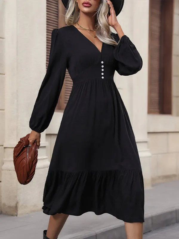 Long-sleeved V-neck Midi Dress with Fitted Waist and Puff Sleeves