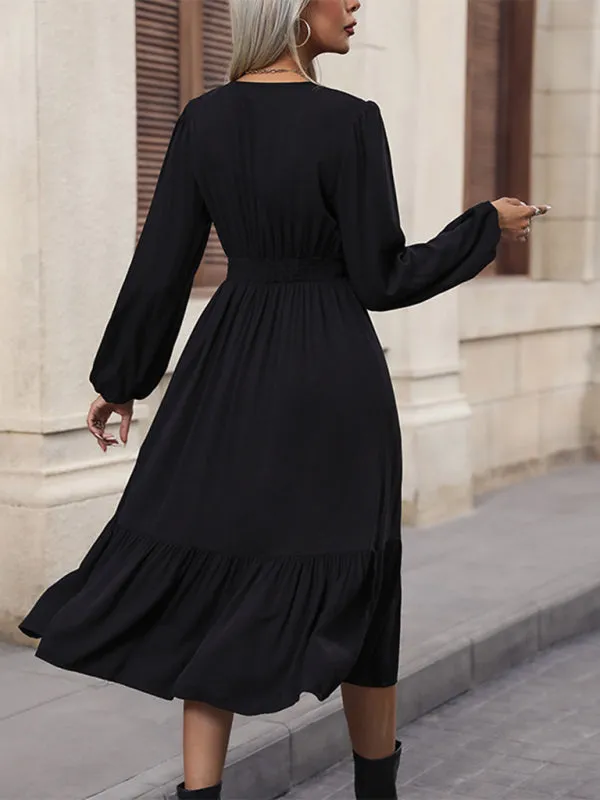 Long-sleeved V-neck Midi Dress with Fitted Waist and Puff Sleeves