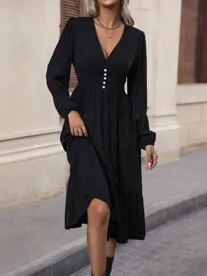 Long-sleeved V-neck Midi Dress with Fitted Waist and Puff Sleeves