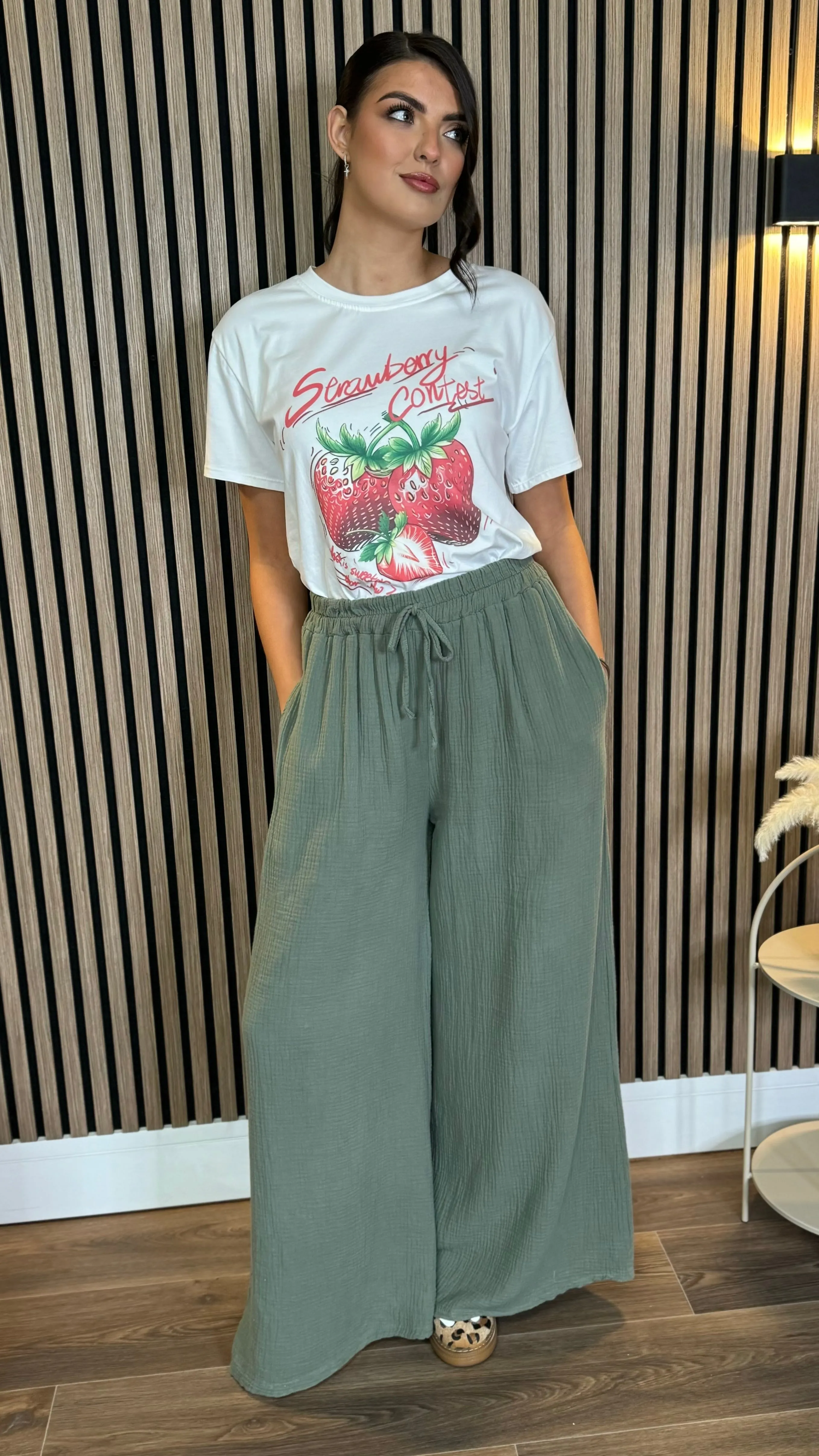 Lora Khaki Wide Leg Trousers