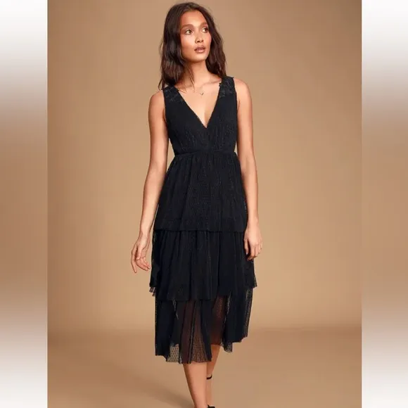 Lulus Sincerely Me Black Tiered Midi Dress Size Small