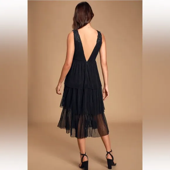 Lulus Sincerely Me Black Tiered Midi Dress Size Small