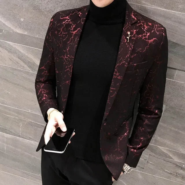 Luxury Party Prom Blazer Autumn Men Shinny Yarn Wine Red Blue Black Blazer Jacket Men Slim Fit Business Dress Suit