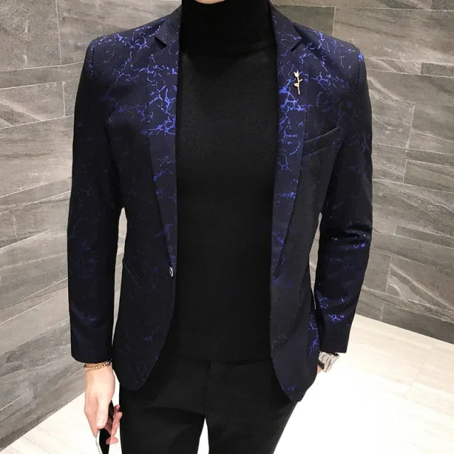 Luxury Party Prom Blazer Autumn Men Shinny Yarn Wine Red Blue Black Blazer Jacket Men Slim Fit Business Dress Suit