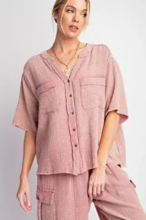 Mauve Washed Cotton Gauze Button Down Top