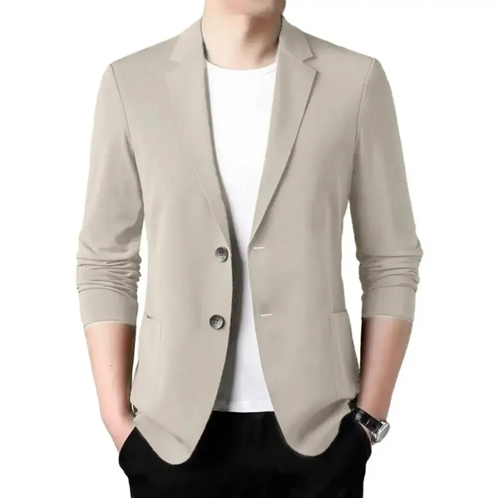 Men Blazers Solid Color Suit Coat Business Coat  Long Sleeves Double Buttons Straight Pockets Anti-wrinkle