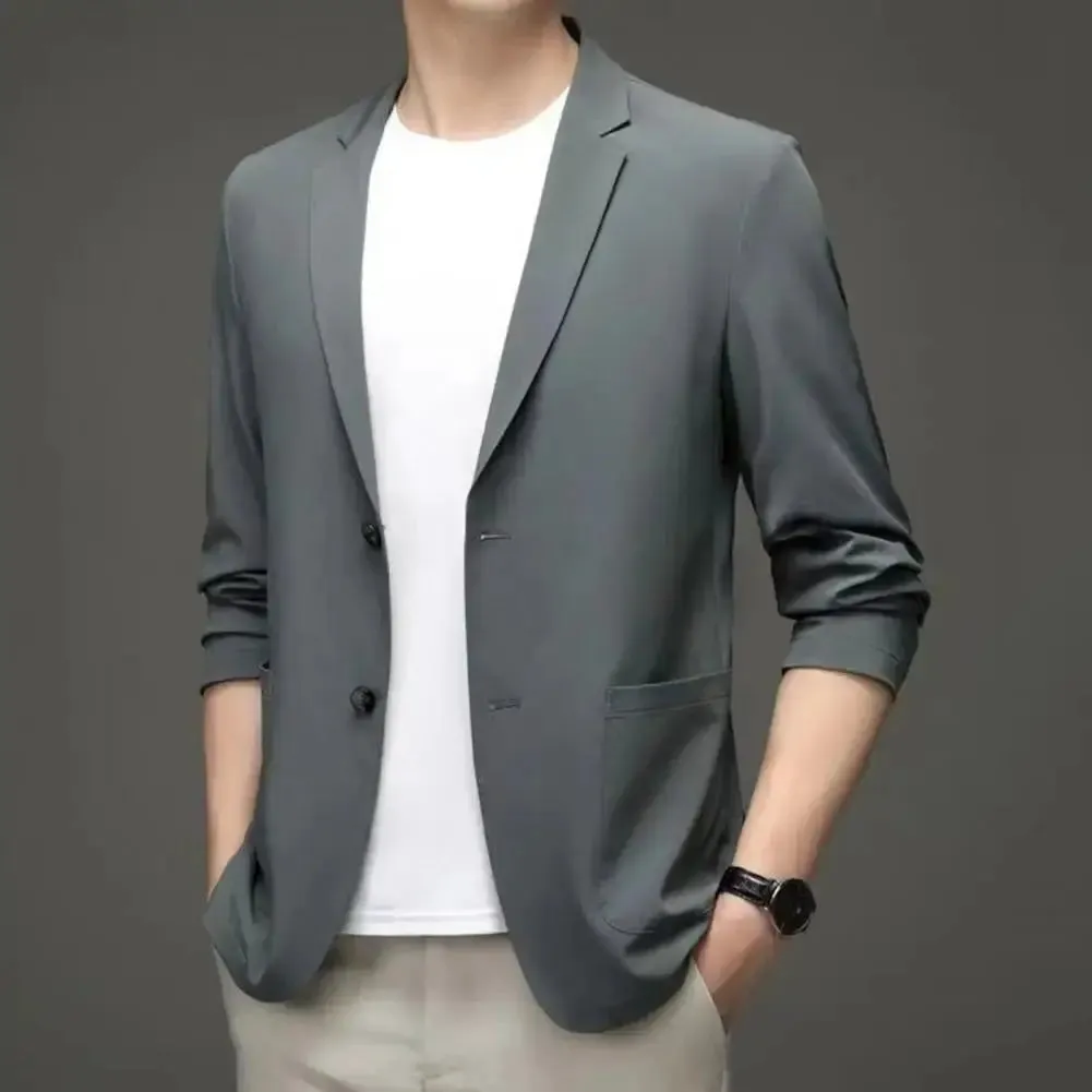 Men Blazers Solid Color Suit Coat Business Coat  Long Sleeves Double Buttons Straight Pockets Anti-wrinkle