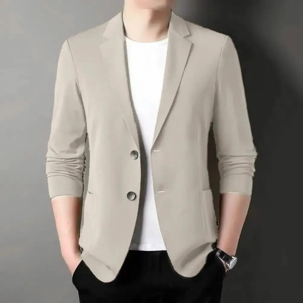 Men Blazers Solid Color Suit Coat Business Coat  Long Sleeves Double Buttons Straight Pockets Anti-wrinkle