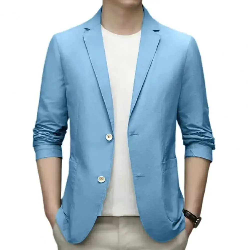 Men Blazers Solid Color Suit Coat Business Coat  Long Sleeves Double Buttons Straight Pockets Anti-wrinkle