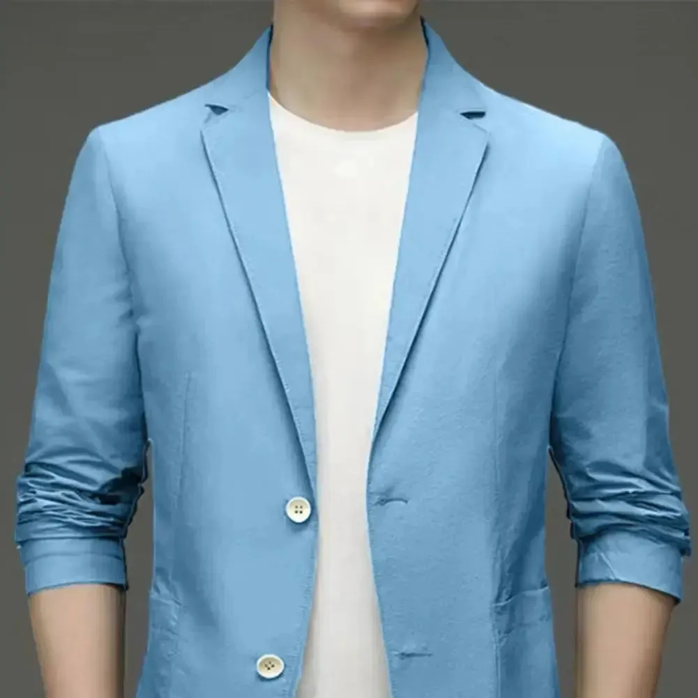 Men Blazers Solid Color Suit Coat Business Coat  Long Sleeves Double Buttons Straight Pockets Anti-wrinkle