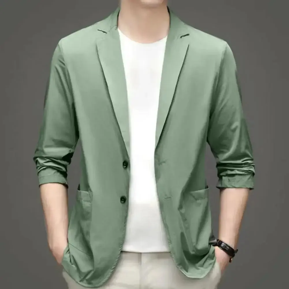 Men Blazers Solid Color Suit Coat Business Coat  Long Sleeves Double Buttons Straight Pockets Anti-wrinkle