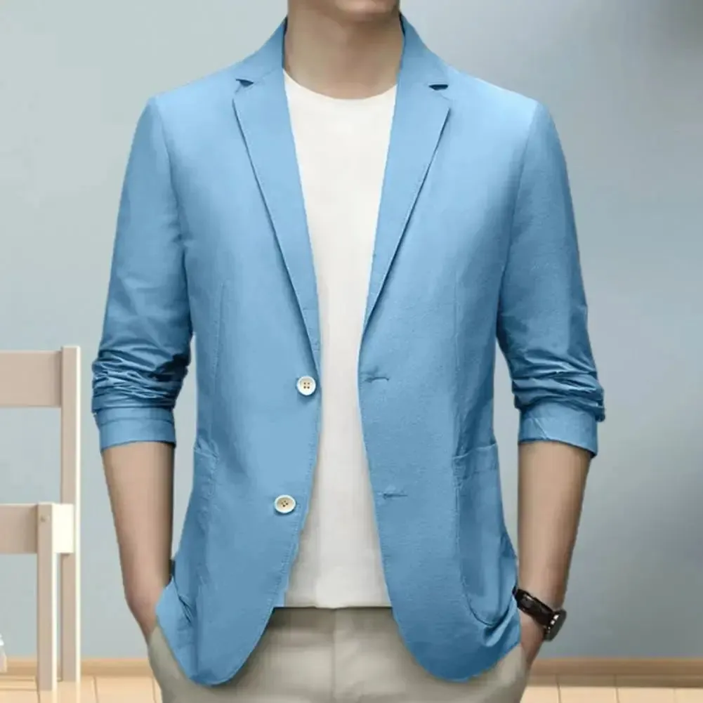 Men Blazers Solid Color Suit Coat Business Coat  Long Sleeves Double Buttons Straight Pockets Anti-wrinkle
