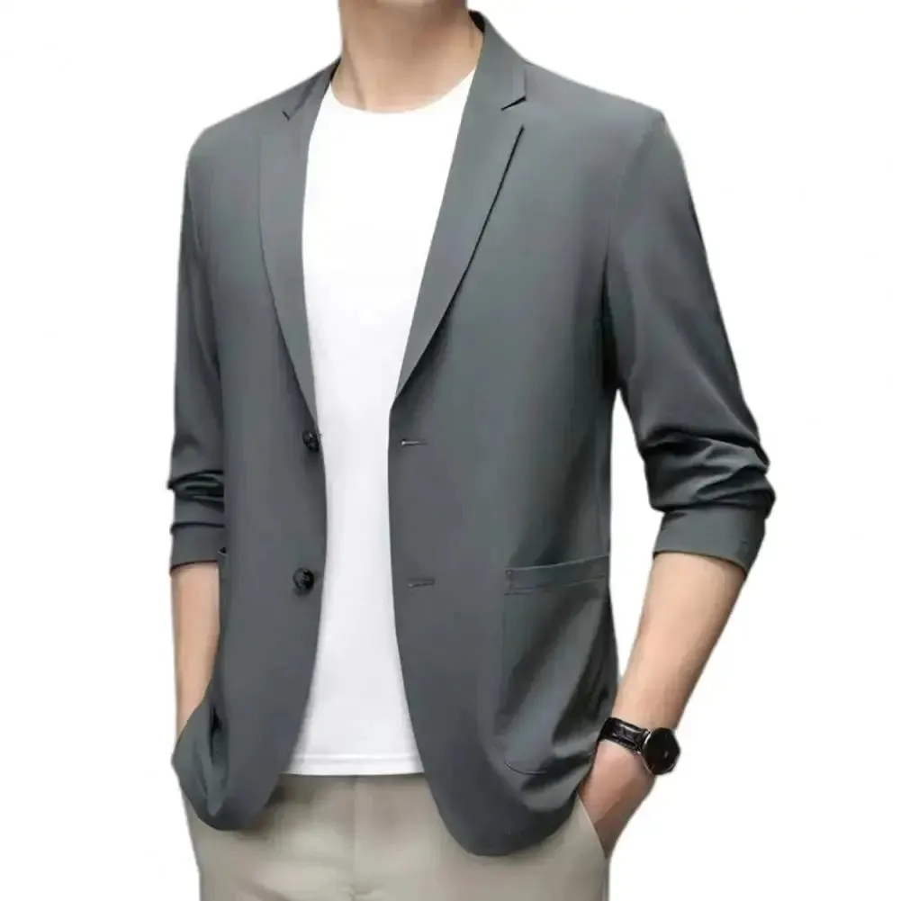 Men Blazers Solid Color Suit Coat Business Coat  Long Sleeves Double Buttons Straight Pockets Anti-wrinkle