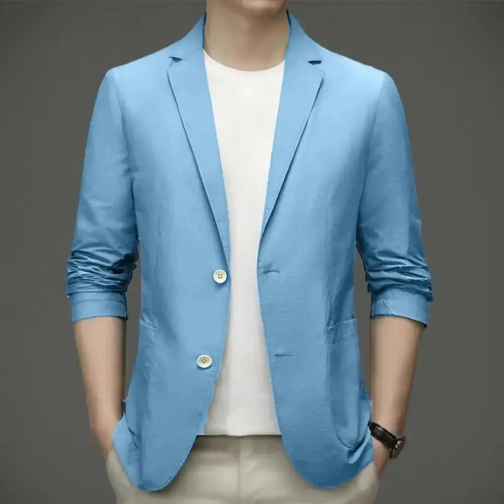 Men Blazers Solid Color Suit Coat Business Coat  Long Sleeves Double Buttons Straight Pockets Anti-wrinkle