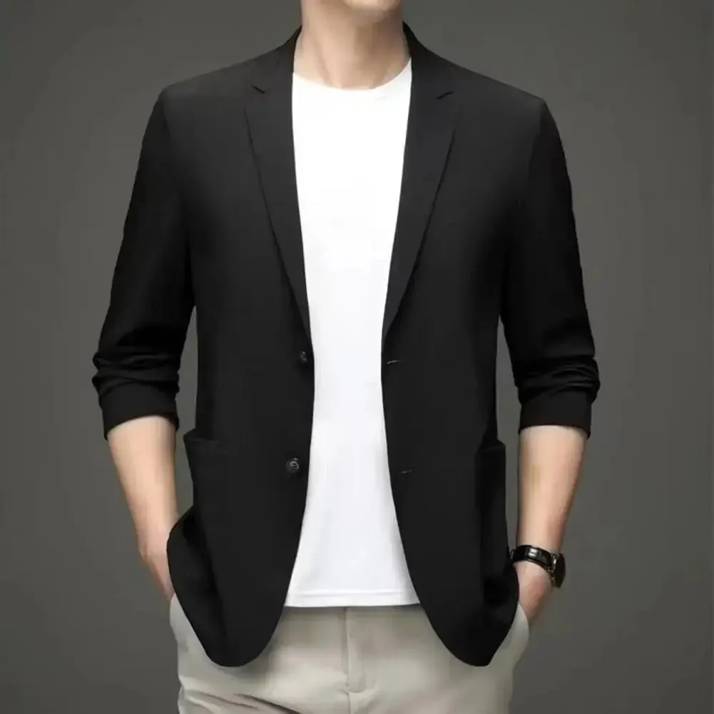 Men Blazers Solid Color Suit Coat Business Coat  Long Sleeves Double Buttons Straight Pockets Anti-wrinkle
