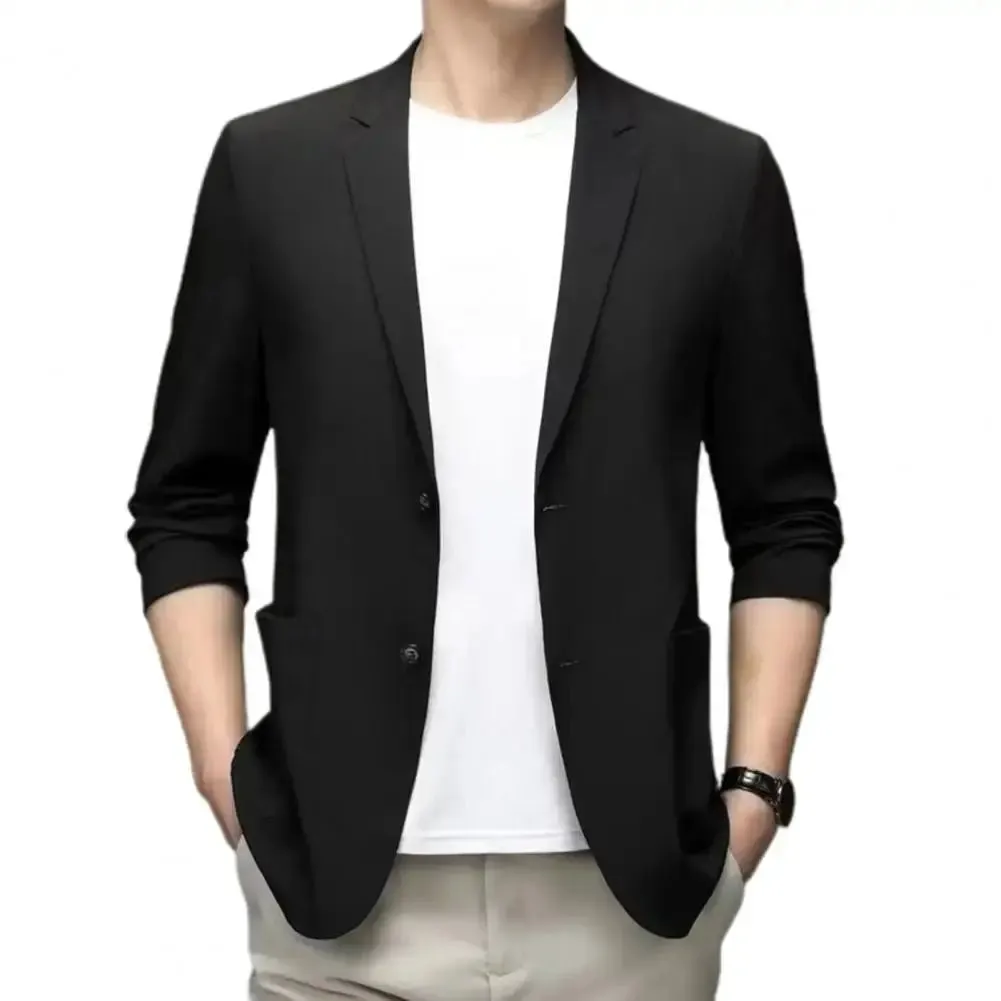 Men Blazers Solid Color Suit Coat Business Coat  Long Sleeves Double Buttons Straight Pockets Anti-wrinkle