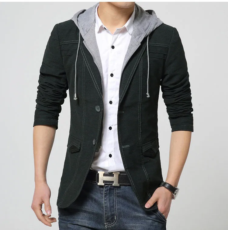 Mens hooded blazer suit jacket casual men slim fit blazers cotton jacket black and gold blazer