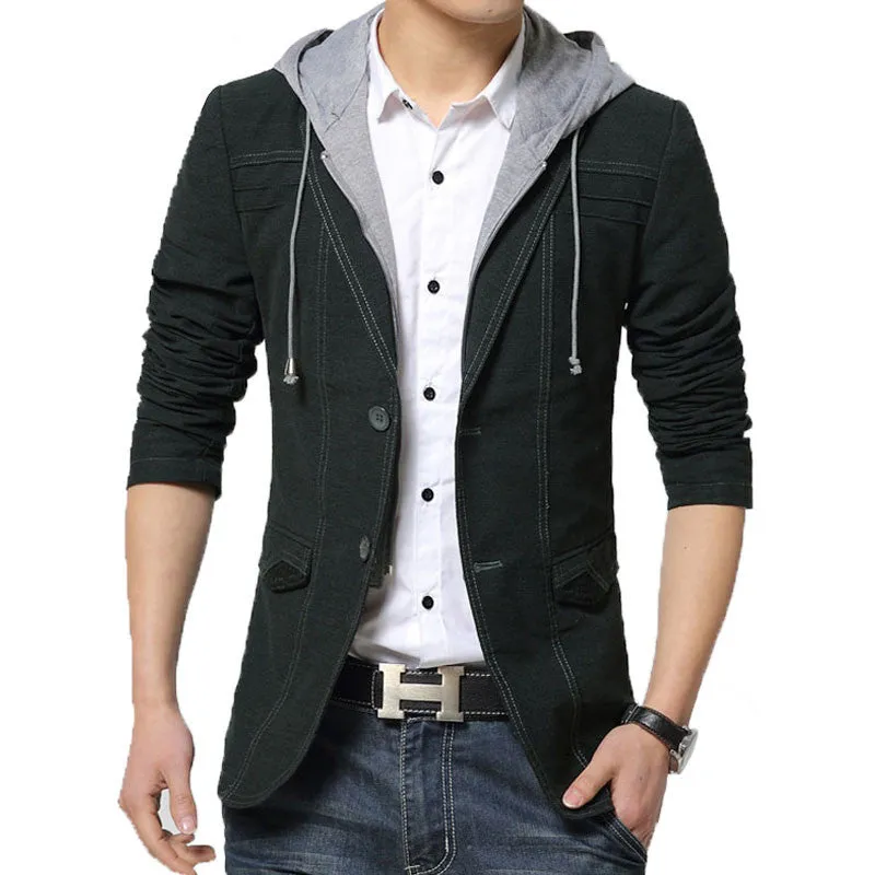 Mens hooded blazer suit jacket casual men slim fit blazers cotton jacket black and gold blazer