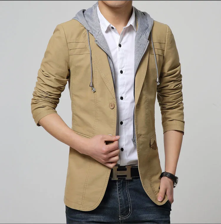 Mens hooded blazer suit jacket casual men slim fit blazers cotton jacket black and gold blazer