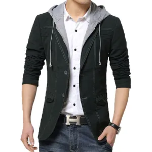 Mens hooded blazer suit jacket casual men slim fit blazers cotton jacket black and gold blazer