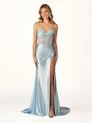 Mermaid Strapless Beaded Ruched Long Prom Dresses with Slit
