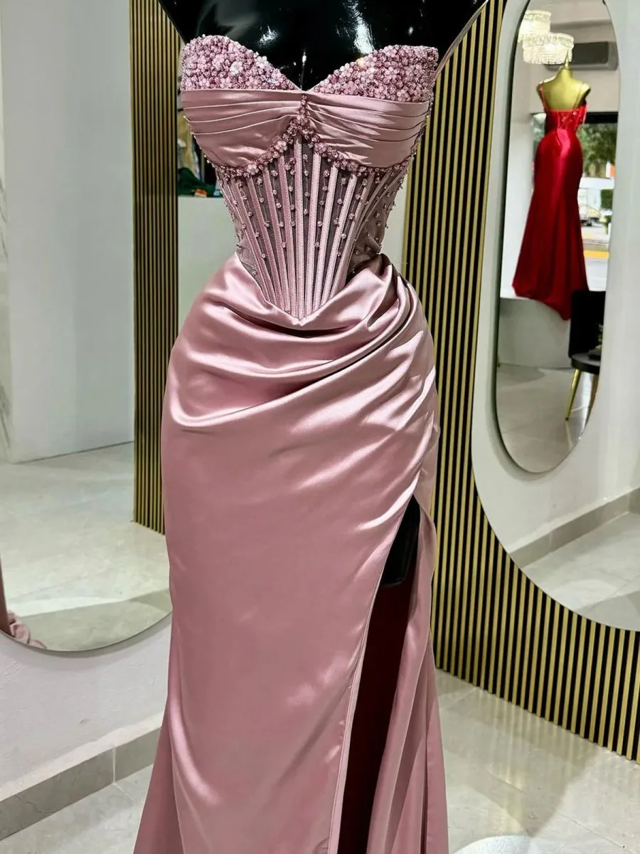 Mermaid Strapless Beaded Ruched Long Prom Dresses with Slit