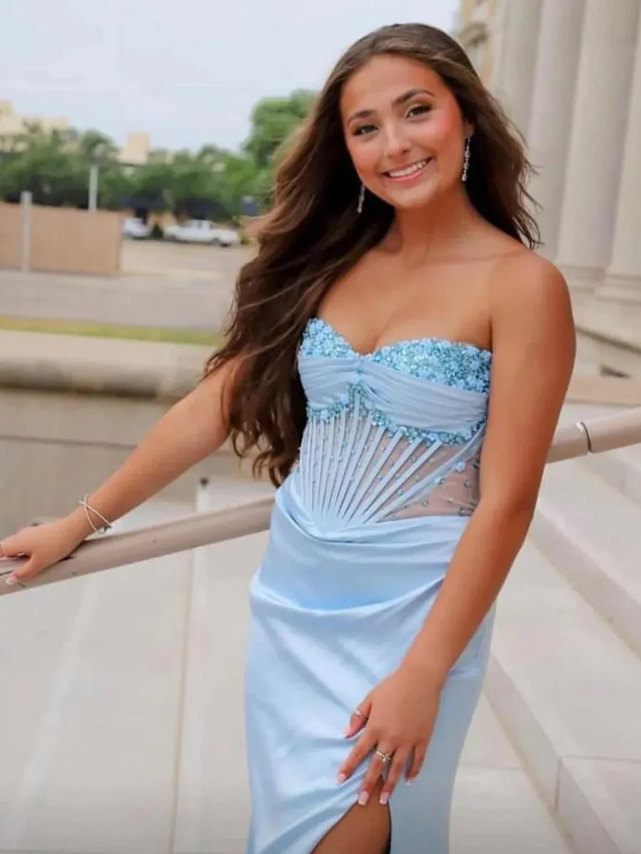 Mermaid Strapless Beaded Ruched Long Prom Dresses with Slit
