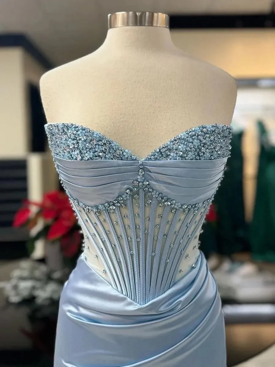 Mermaid Strapless Beaded Ruched Long Prom Dresses with Slit