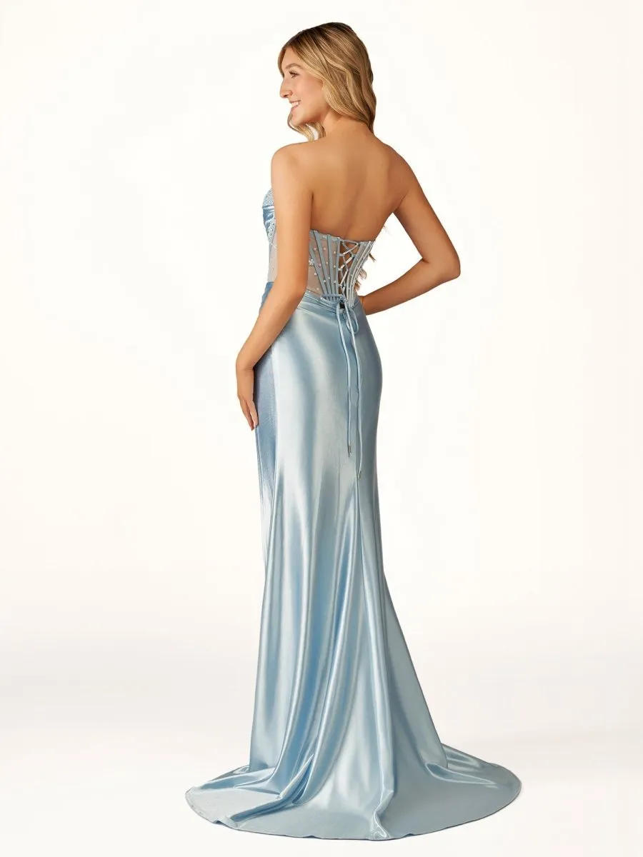 Mermaid Strapless Beaded Ruched Long Prom Dresses with Slit