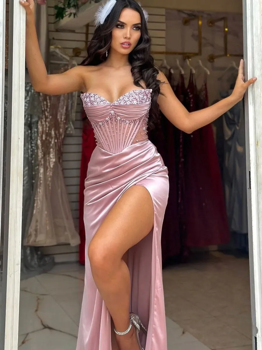 Mermaid Strapless Beaded Ruched Long Prom Dresses with Slit